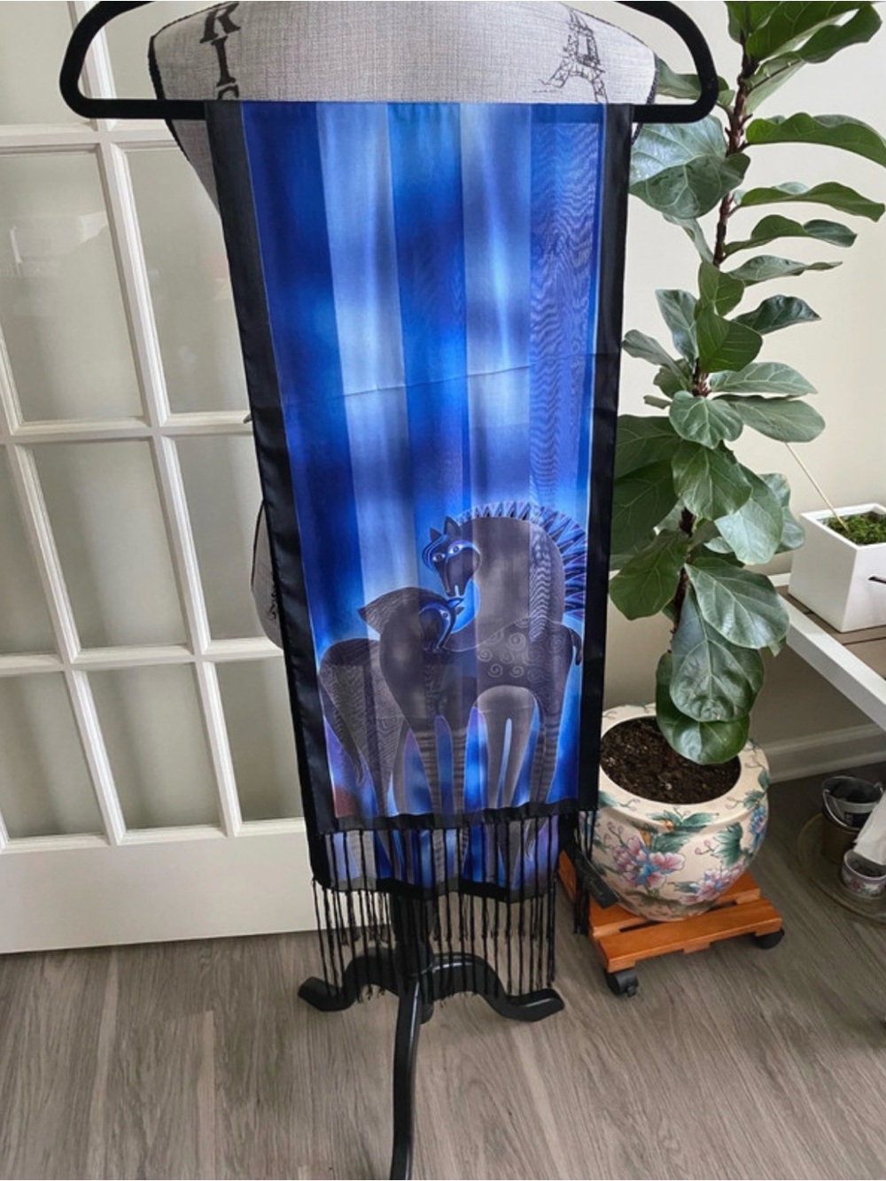 Vintage Laurel Burch 100% silk horse design blue and black fringe scarf